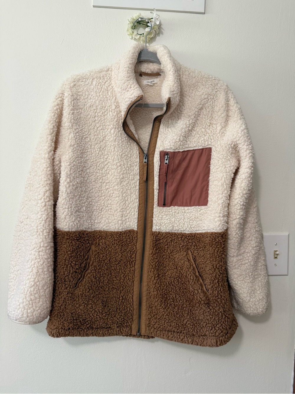 Maurices Two-Tone Teddy Sherpa Jacket in Cream, Brown & Rust Pocket